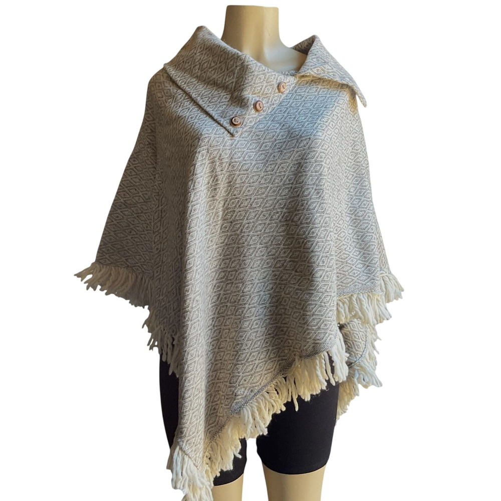 Mexican Wool Poncho Fringe Light Gray Wooden Buttons Artisan Boho Cape Shawl